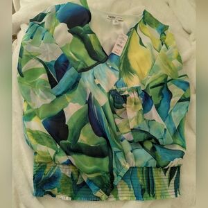 White House Black Market Blue Green Leaf Blouse